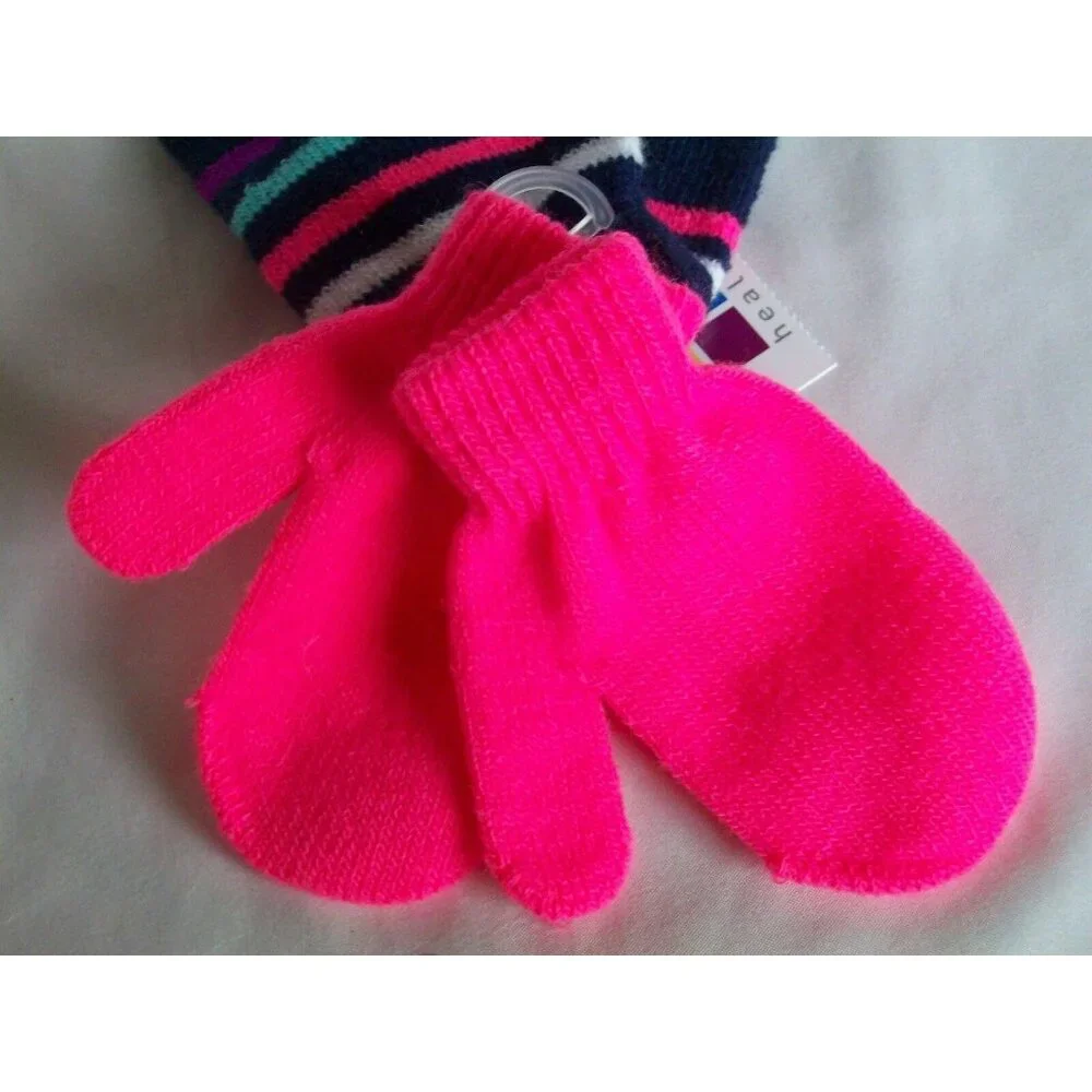 Healthtex Hot Pink Navy Blue Toddler Infant Baby Mittens Striped Winter Gloves